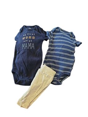 Kids Navy 'My First Word Will Be Mama' One-Piece Bodysuit Pant Set Bundle Lot 3m